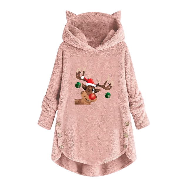 Pntutb Mujer Casual Navidad Impresión Felpa Botones Manga Larga Con Capucha Felpa Abrigo top Selecciones Flash Pntutb Pntutb-5553