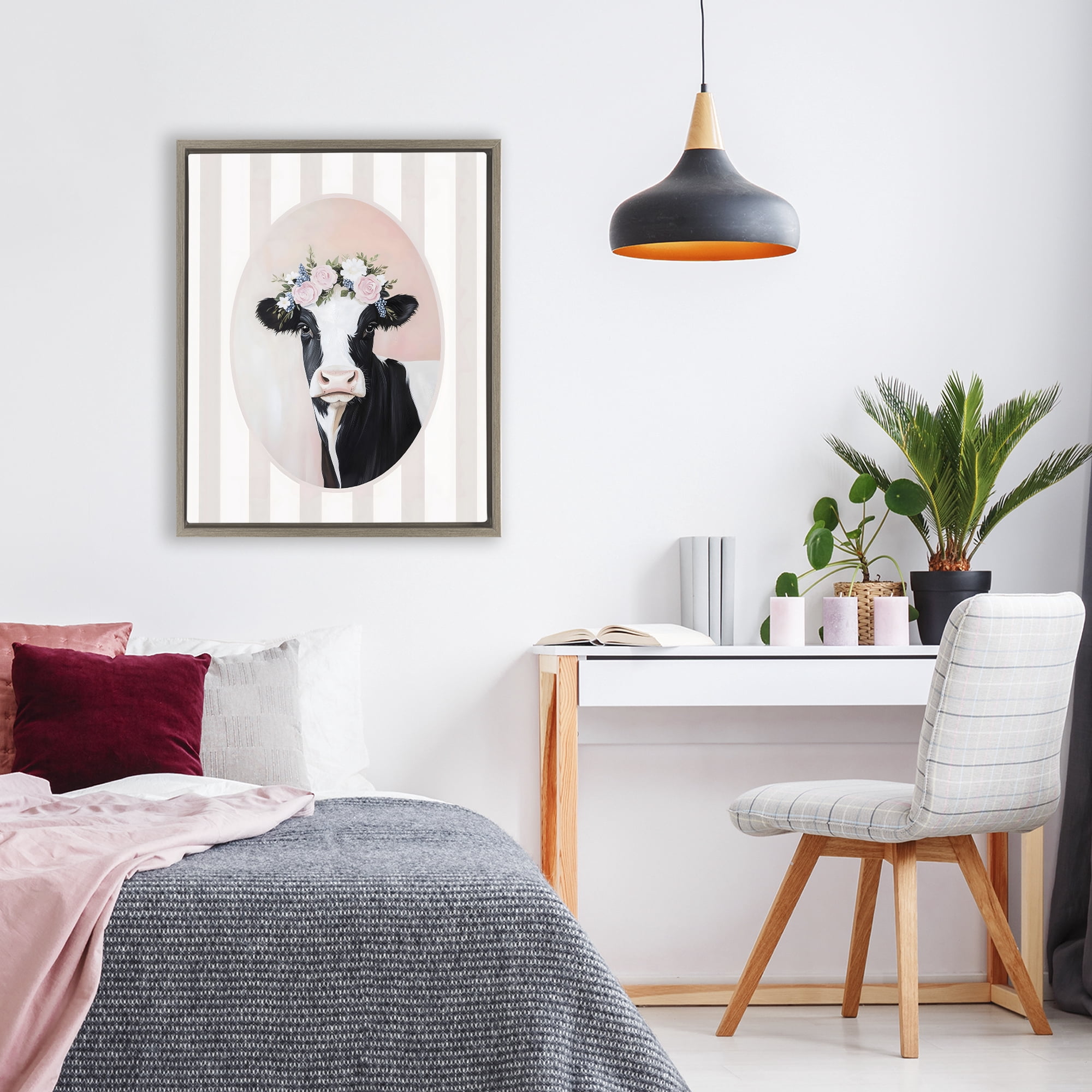 Stupell Industries Soft Cow with Floral Crown Brown Framed Floater Canvas Wall Art, design by Arlington Prints