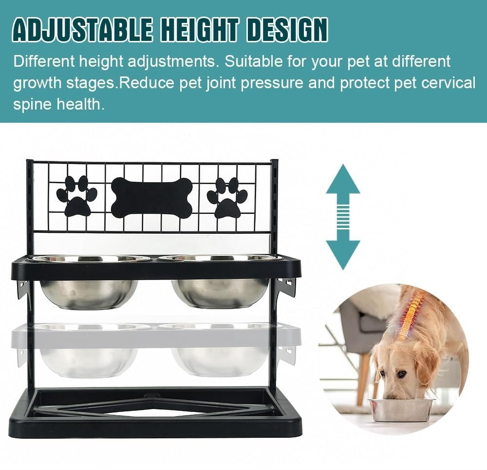 DOULAIMENG Adjustable Height Large Stainless Steel Food Bowl with 2 Stainless Steel Dog Bowls for Dogs, Black Paw Print