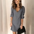 thumbnail image 2 of FAVIPT Plus Size Denim Dress for Women 3/4 Sleeve V Neck Dress Solid Color Knee Length Dresses Casual Fashion Summer 2025 Dress Gray,XXXL, 2 of 6