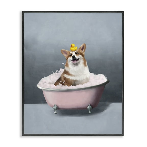 Stupell Industries Corgi in Pink Bath Bath & Laundry Painting Black Framed Art Print Wall Art, 11 x 14
