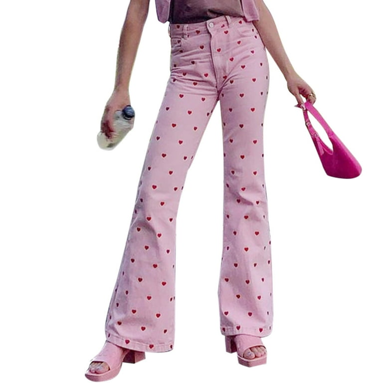 HGYCPP Women Harajuku High Waist Pink Pants Sweet Red Heart Print