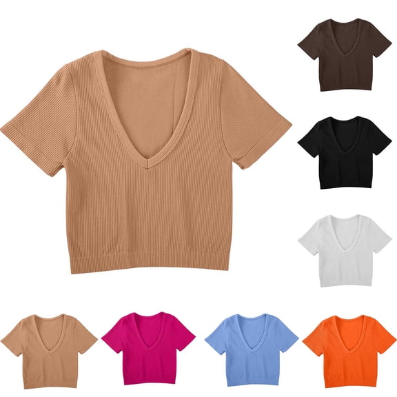 Mifsaly Yoga Crop Tops for Women Slim Fit Ribbed Short Sleeve Cropped T-Shirt Breathable Soft Stretchy Seamless Athletic Workout Tee Khaki,S