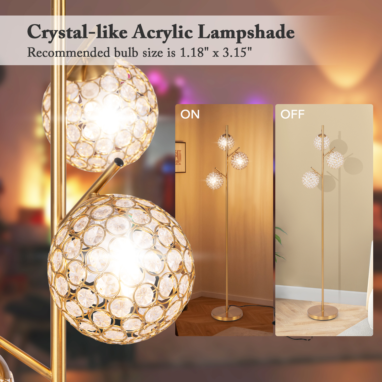 Giantex 3 Globe Floor Lamp, Gold Standing Lamp w/Acrylic Crystal Lamp Shade, Accent Tall Pole Tree Lamp