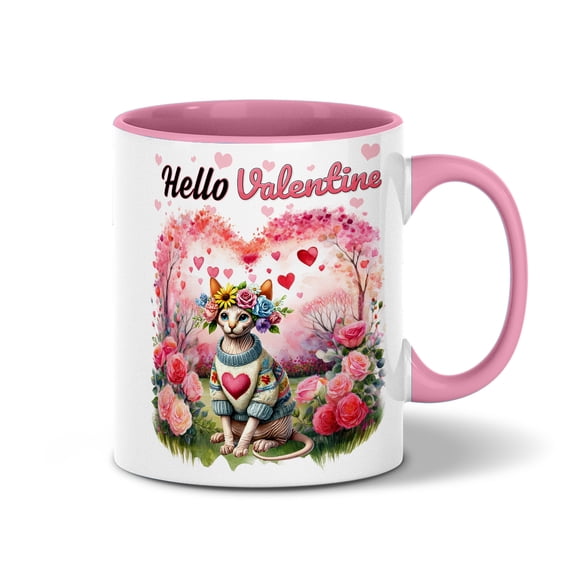 Hello Valentine’s Day Sphynx Flower Crown Romantic Pink Floral 11oz Accent Two-tone Mug Cat Lover Kitten Owner Gifts Idea Coffee Tea Cup - 00031
