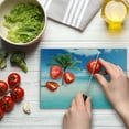 thumbnail image 4 of Ocean Cutting Board, Idyllic Scenery Seashore Picture Sun Rays View with Palm Tree Tropical Beach, Decorative Tempered Glass Cutting and Serving Board, Small Size, Aqua White Green, by Ambesonne, 4 of 5