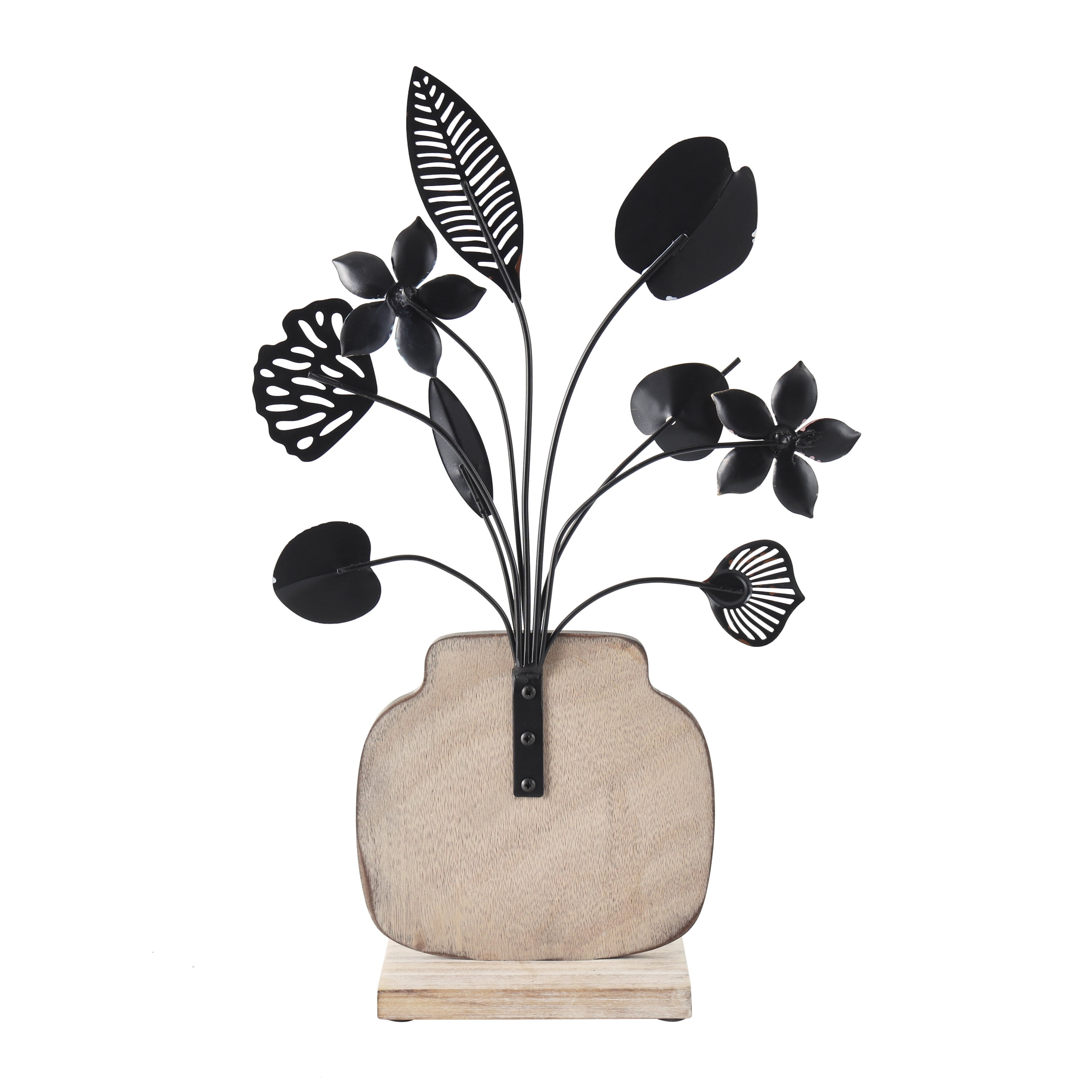18", 15", 15"H Multi Colored Wooden Patterned Vase Floral Sculpture with Metal Accents, by DecMode (3 Count)
