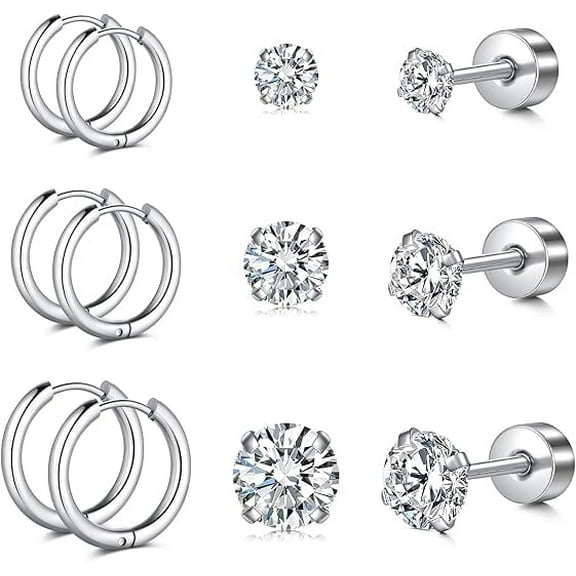 Cterwk 6 Pairs 316L Stainless Steel Hoop Earring 14K Plated Stud Earrings for Men Women, Silver