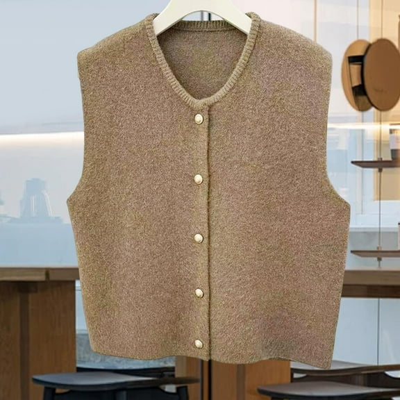 Sharprepublic Knit Cardigan Vest for Women Button Knitted Vest for Commuting Home Shopping Khaki