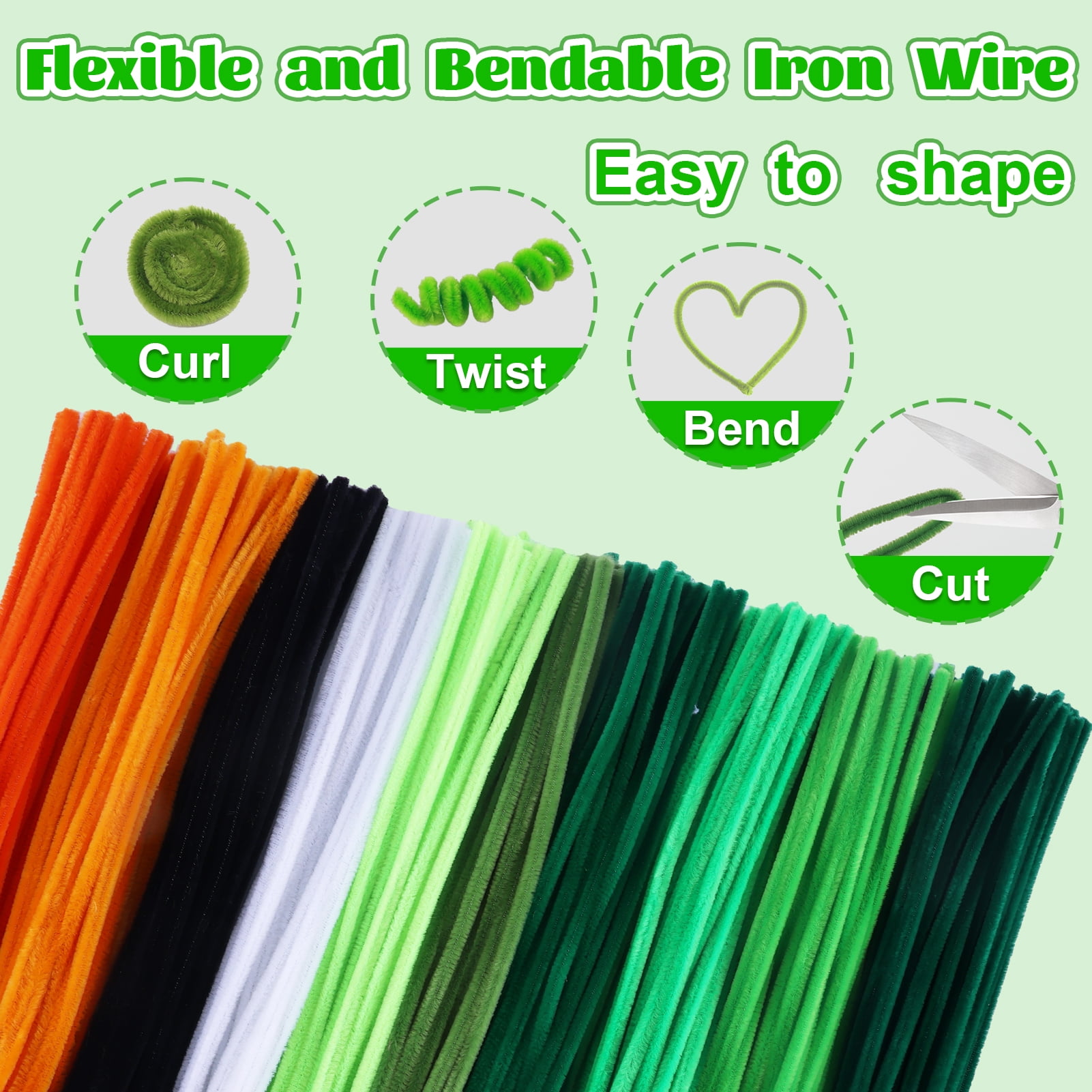 Yalumo 500 Pieces Pipe Cleaners Craft Supplies, Green Pipe Cleaners Bulk for DIY Crafts, 12 Inch Fuzzy Chenille Stems Sticks Set