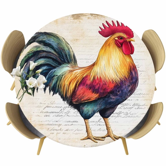 Rooster Round Fitted Table Cover Retro Chicken Farm Animal Rustic Country Waterproof Table Cloth with Elastic Edge Wipeable Tablecloth for Picnic Camping Party Fits 55"-60" Diameter