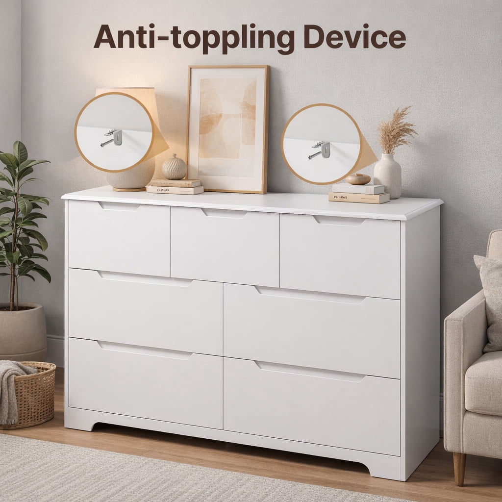 7-Drawer Dresser, 48" Handle-Free Modern Storage Chest - Engineered Wood Dresser for Bedroom, Living Room, Nursery & Entryway, White
