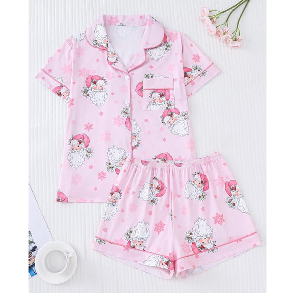 Fznquz Soft Pajamas for Women Cute Silk Christmas Pajamas Comfy Xmas Printed Cozy Short Sleeve Shirts Shorts Womens Pj Set
