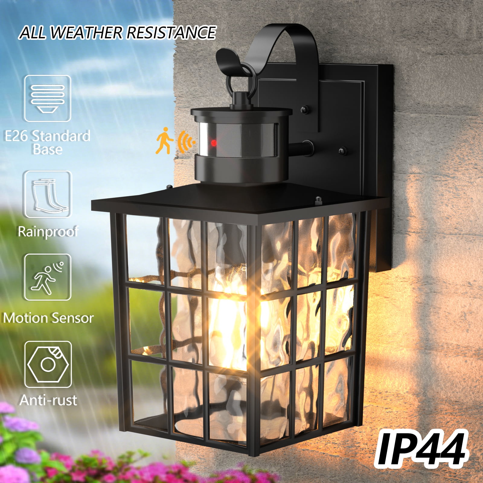 GEYANG Outdoor Wall Lantern with Motion Sensor, Dusk to Dawn Exterior Light Fixtures Wall Mount, LED Outdoor Porch Light, Anti-Rust 100% Aluminum Modern Black Outdoor Wall Sconce for Garage, Entryway