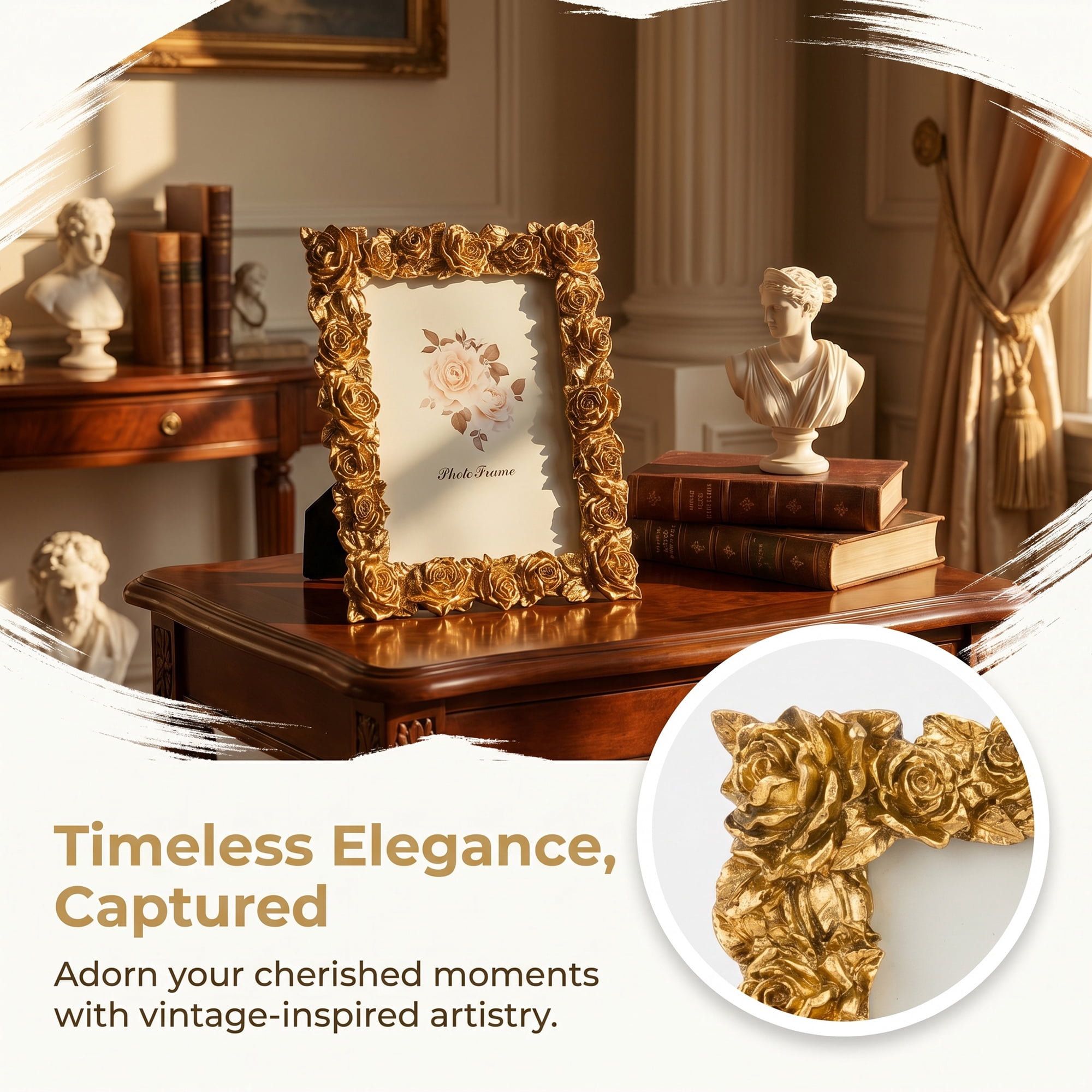 Unique Bargains 3D Rose Resin Wedding Decor Picture Frame Gold 4" x 5"