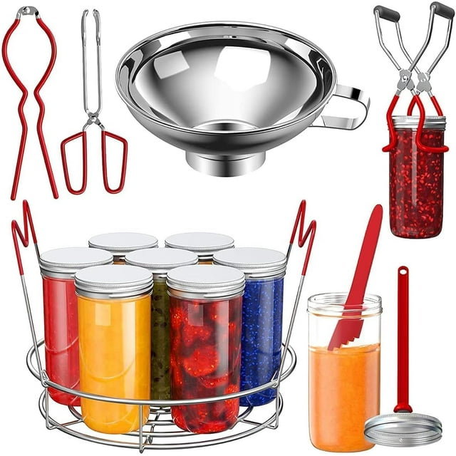 7Pcs Canning Supplies Starter Kit, Canning Tools Set Stainless Steel Canning Set with Canning Rack Canning Tonga Jar Lifter Durable Multifunctional Canning Kit (Red)