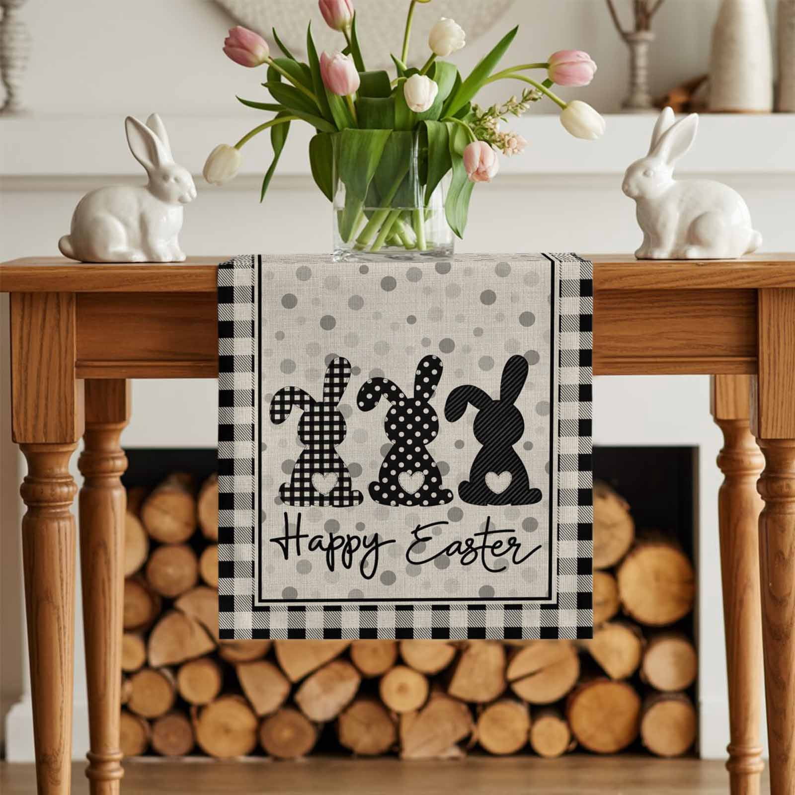 Happy Easter Table Runner, Black Bunny Polka Dots Black White Plaid Linen Texture Cotton Linen Kitchen Table Decoration Washable Dining Tabletop Runners for Home Party Decor 13x90 Inches