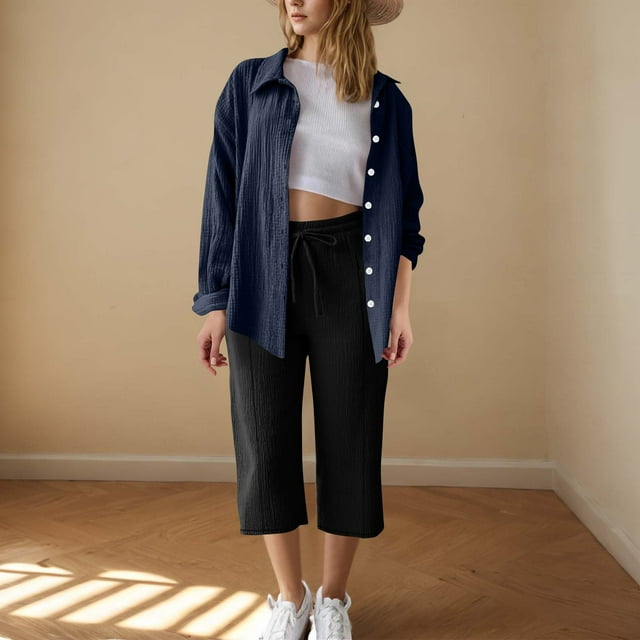 TACILIP Ensembles de Détente pour Femmes, Mode Été Manches Longues Col Uni Chemises Poche Capris Manches Longues Col Rabattu Ensemble, Cadeaux d'Anniversaire pour Femmes