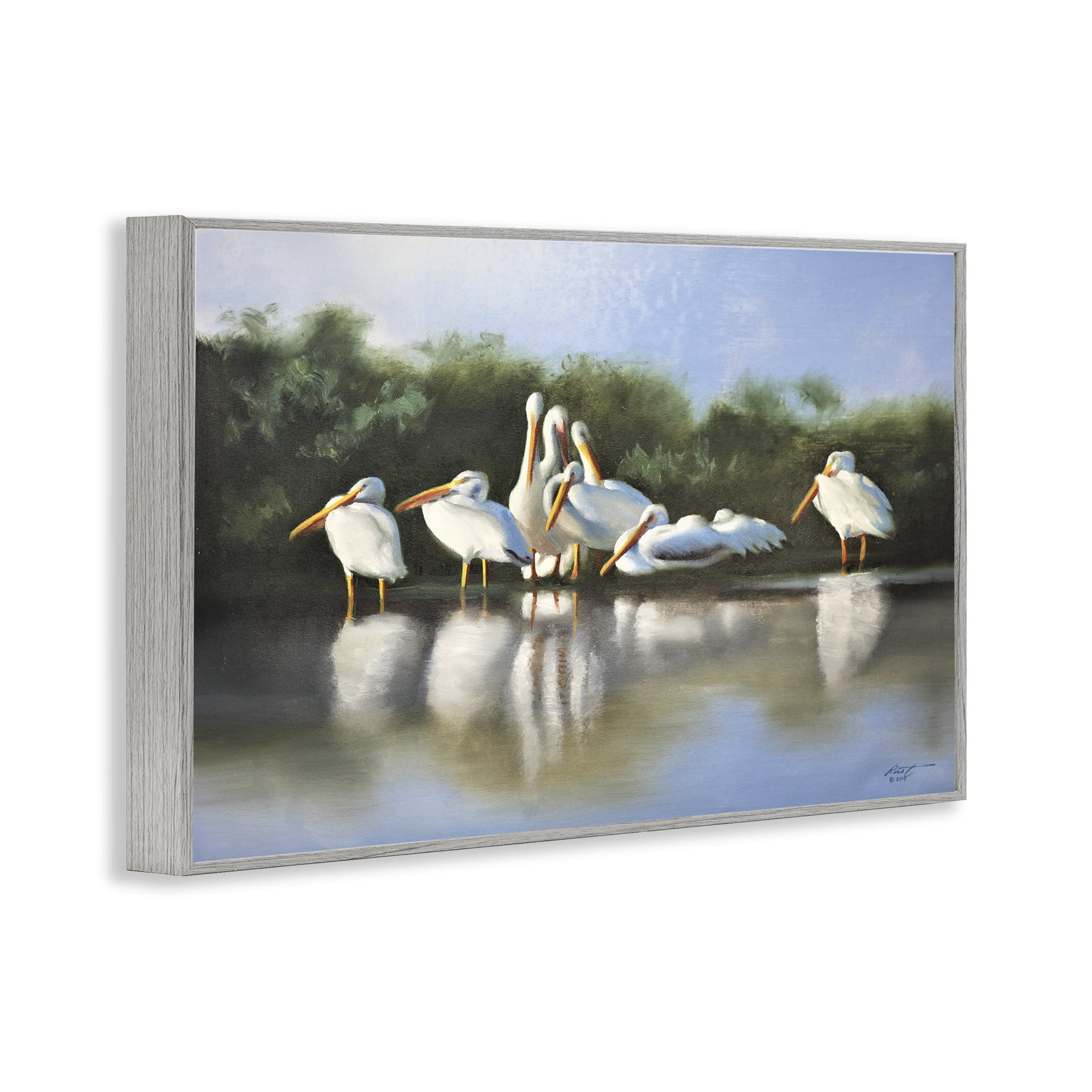 Stupell Industries White Pelicans Flock Animals & Insects Painting Gray Framed Art Print Wall Art, 24 x 16