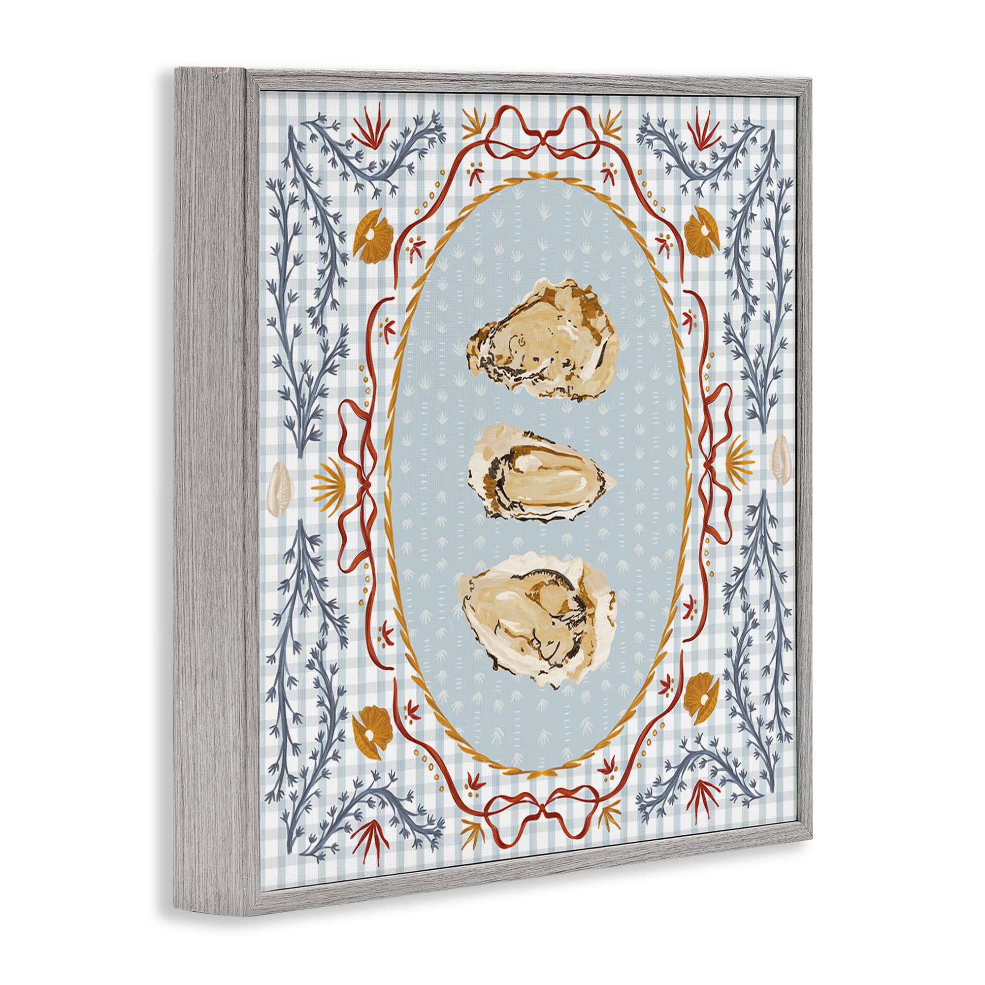 Stupell Industries Oyster Trio on Blue Gingham Gray Framed Giclee Art, design by Vero Illustrates