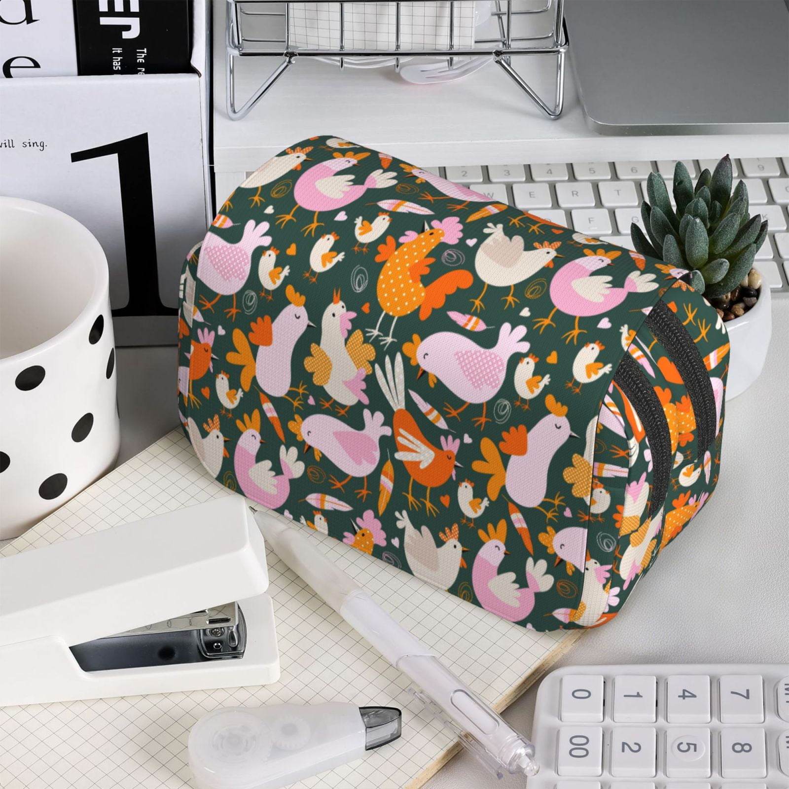 Rateoe Roosters and Chicks Pattern Double Clamshell Pen Case, Storage Organizer with Two Zipper Compartments– Holds Up to 50 Pencils & Pens