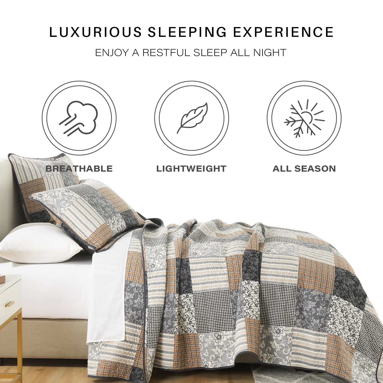 CozyDH 3-Piece 100% Cotton Rustic/Lodge Queen Quilt Set, Brown Plaid Patchwork Bedspread with 2 Shams