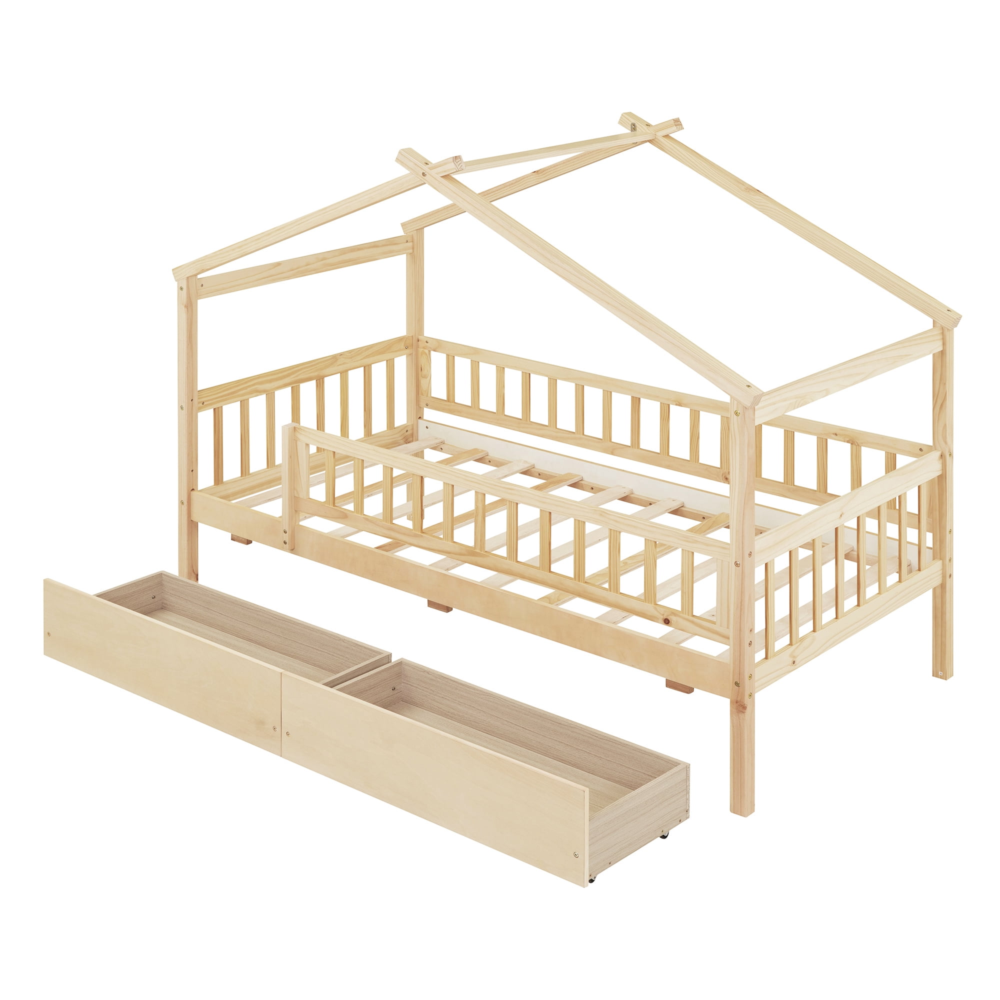 Aukfa Twin Size House Bed with Storage Drawers and Safety Guardrails for Kids, Wooden Montessori Bed Frame for Boys and Girls, Natural