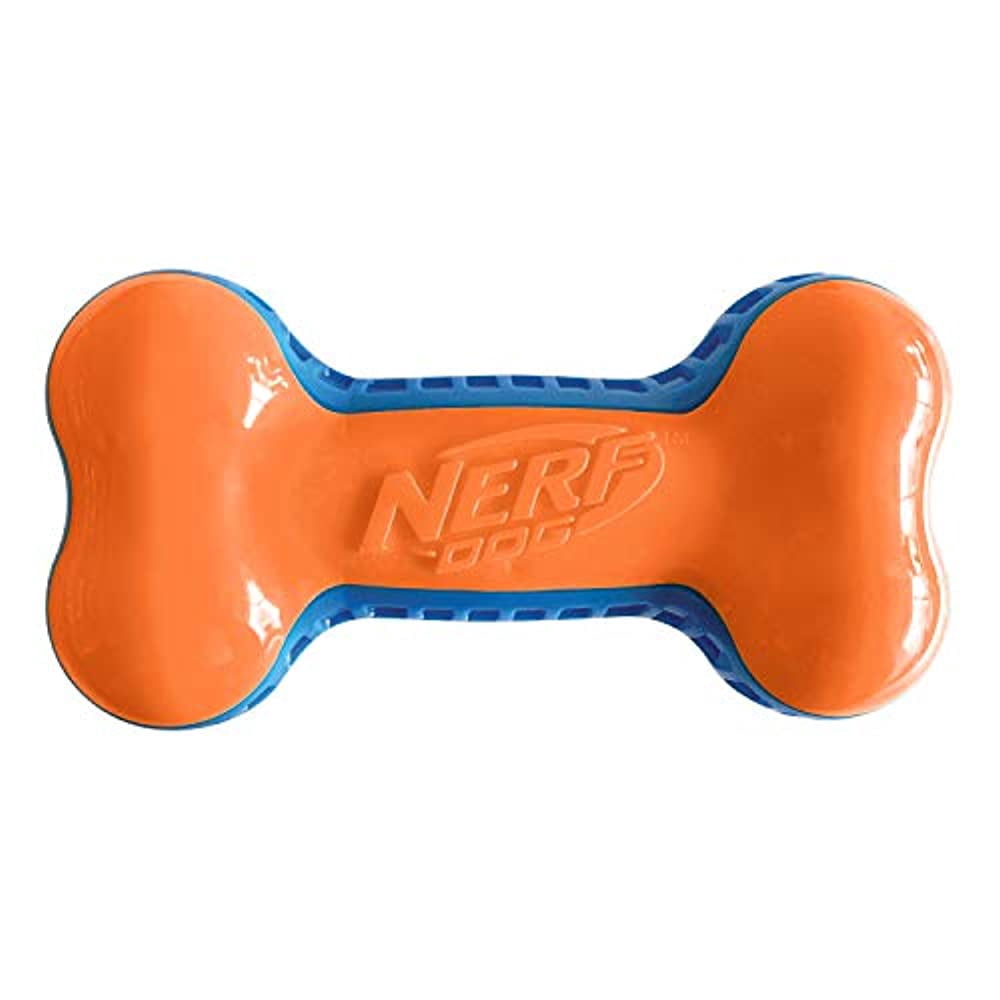 Nerf Dog TPR EXO Squeak Dog Toy, Lightweight, Durable and Water Resistant, Single Unit, Blue/Orange