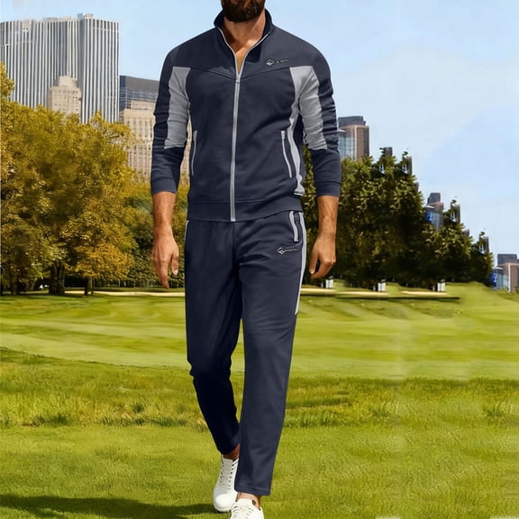 Maqroz Breathable Men's Summer 2-Piece Suit Long Sleeve Zip Up Top and Straight Leg Pants Fashion Lapel Color Block Workout Sets for Racing