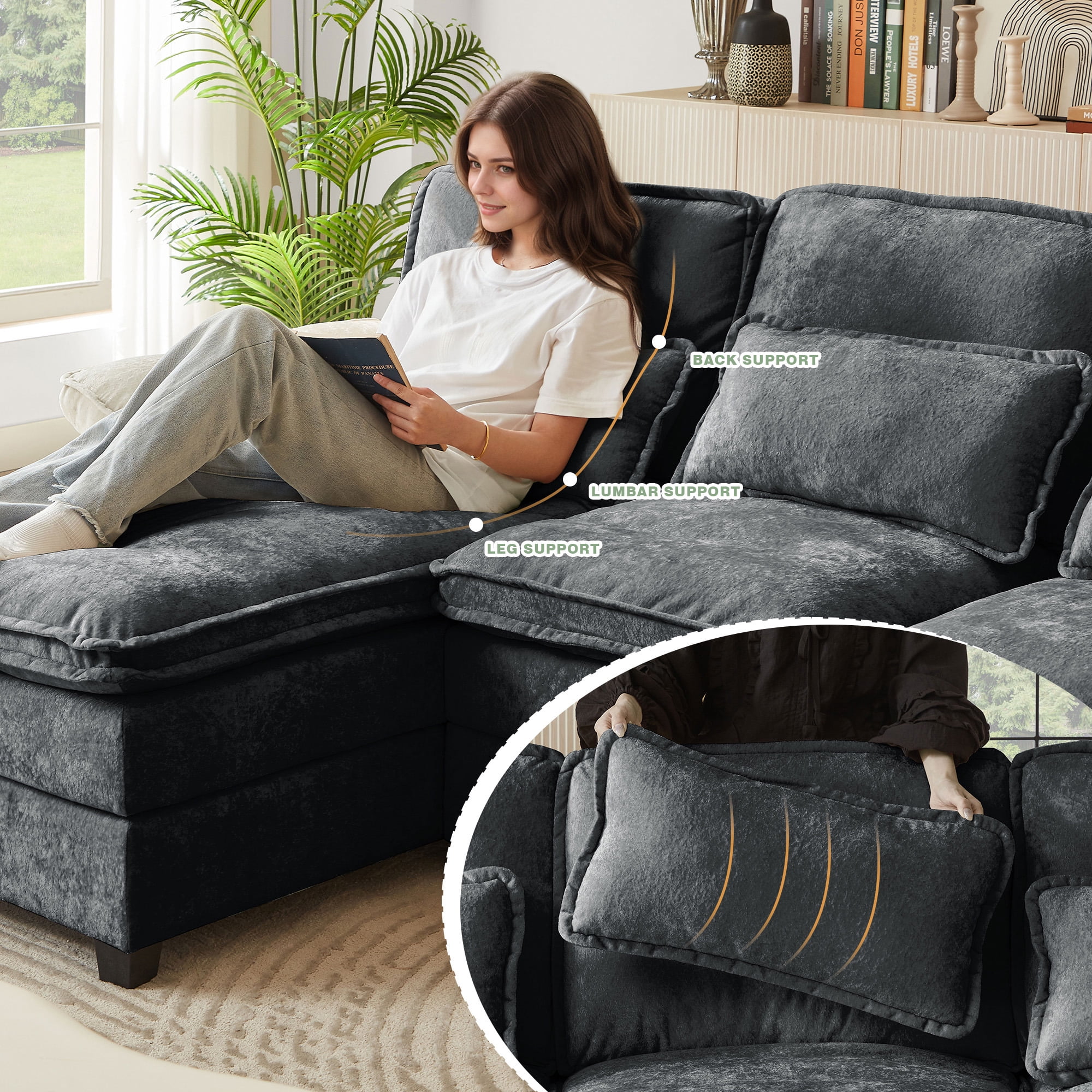 Soscana 113" Sectional Sofa Oversized U Shaped Couch with Double Chaise,Cloud Couch with 4 Waist Pillows,Modern Linen Seating Furniture for Living Room Office Studio Apartment,Gray
