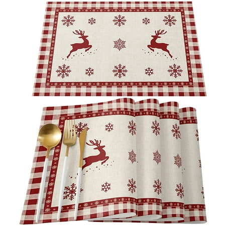 

6pcs Christmas Buffalo Plaid Placemats Red Check Waterproof Cotton & Burlap - Deer Snowflake Placemats for Dining Table