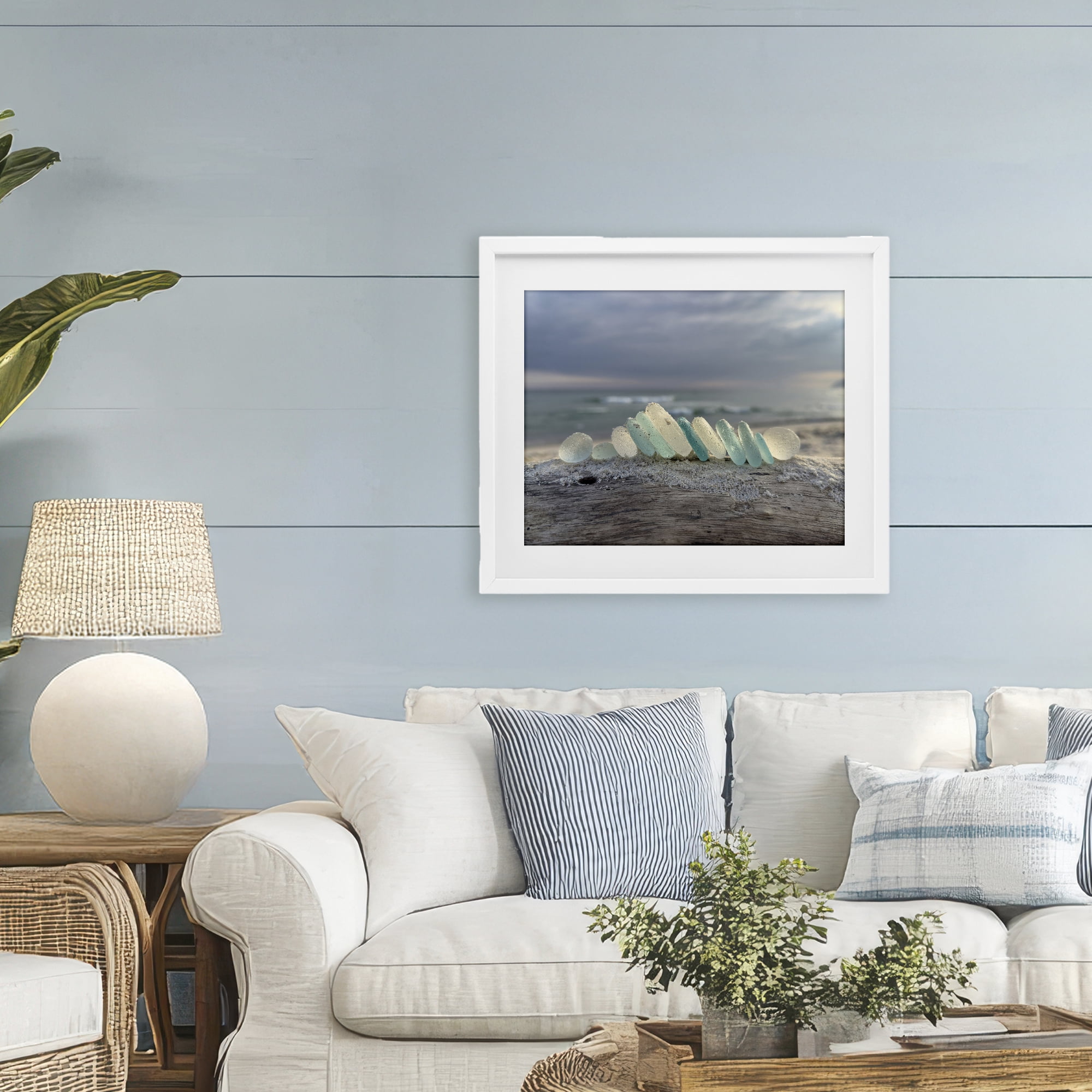 Stupell Industries Sea Glass On Driftwood White Framed Print Under Glass, design by LMarie Allen