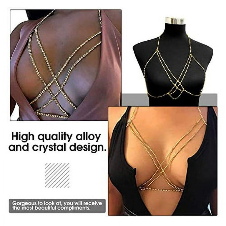Body Chain Layered Crystal Bra Gold Harness Shiny Luxury Fashion Necklace  Jewelry Boho Hot Bikini Beach Anniversary Festival Gift for Women Lady  Girls（Gold） 