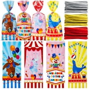 Hotop 100 Pcs Carnival MMF7Circus Cellophane Bags Circus Snack Bag Goodie Candy Bag with 150 Ties Circus Theme Birthday Party Decoration Supplies Circus Carnival Party Event Serves Baby Shower