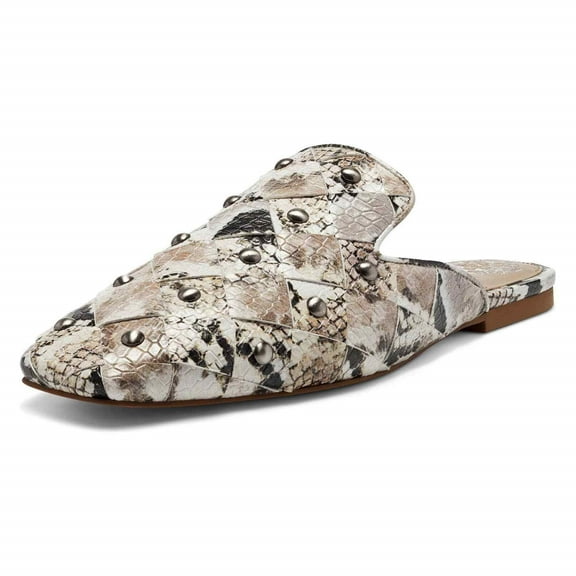 Vince Camuto Lenja Taupe Multi Leather Flat Embellished Woven Slip On Slide Mules (Taupe Multi, 7.5)