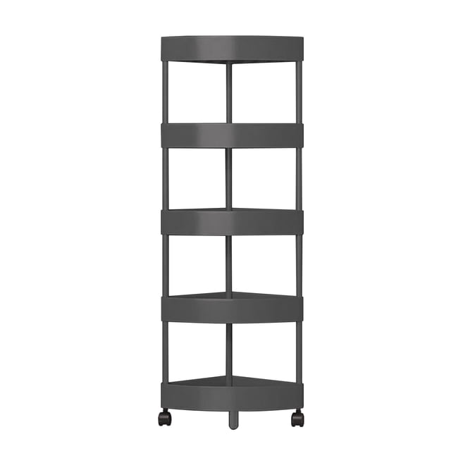 Aihimol Rustproof 5 Tier Floor Standing Corner Shower Caddy Organizer,Plastic Splicing Floor Corner Shelf Rack with Rolling Wheels & Drainage Holes for Bathroom, Black