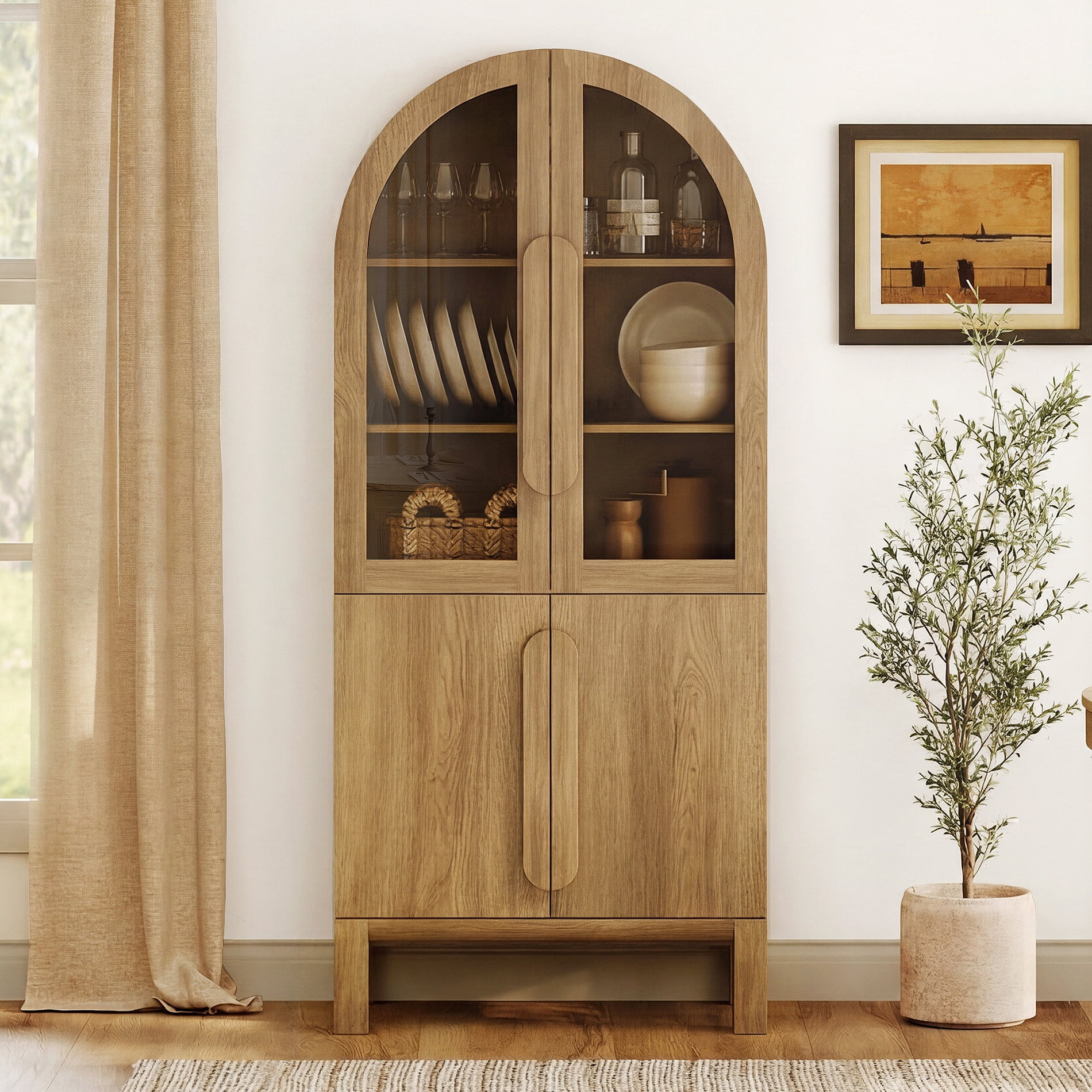31.5"W Arched Kitchen Hutch Sideboard, Mid-Century Modern Wooden Buffet Hutch Cabinet with 2 Glass Doors And 3 Tier Shelves