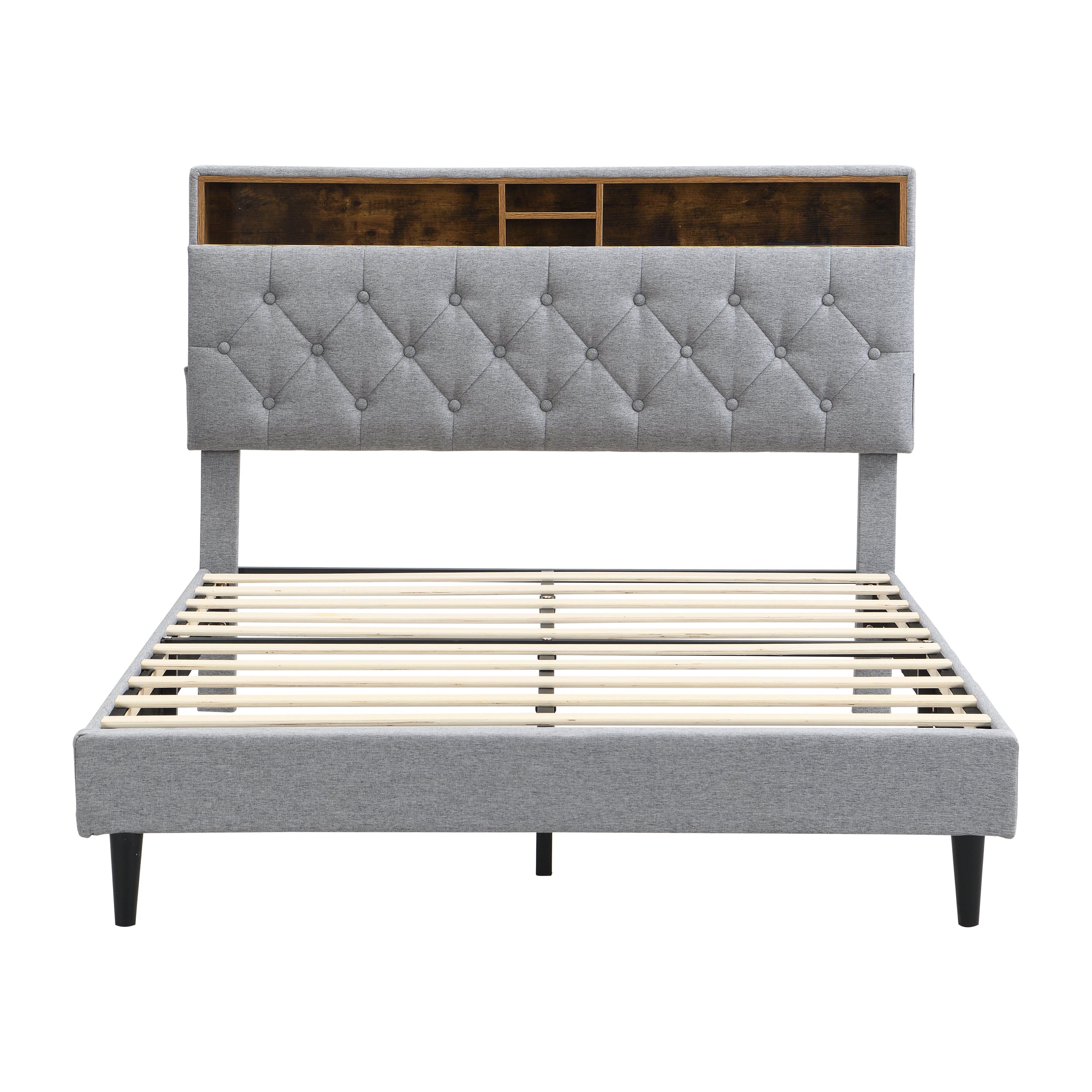 Lisonu Modern Queen-Size Upholstered Platform Bed Frame with Button-Tufted Linen Fabric Headboard and USB Ports in Light Grey