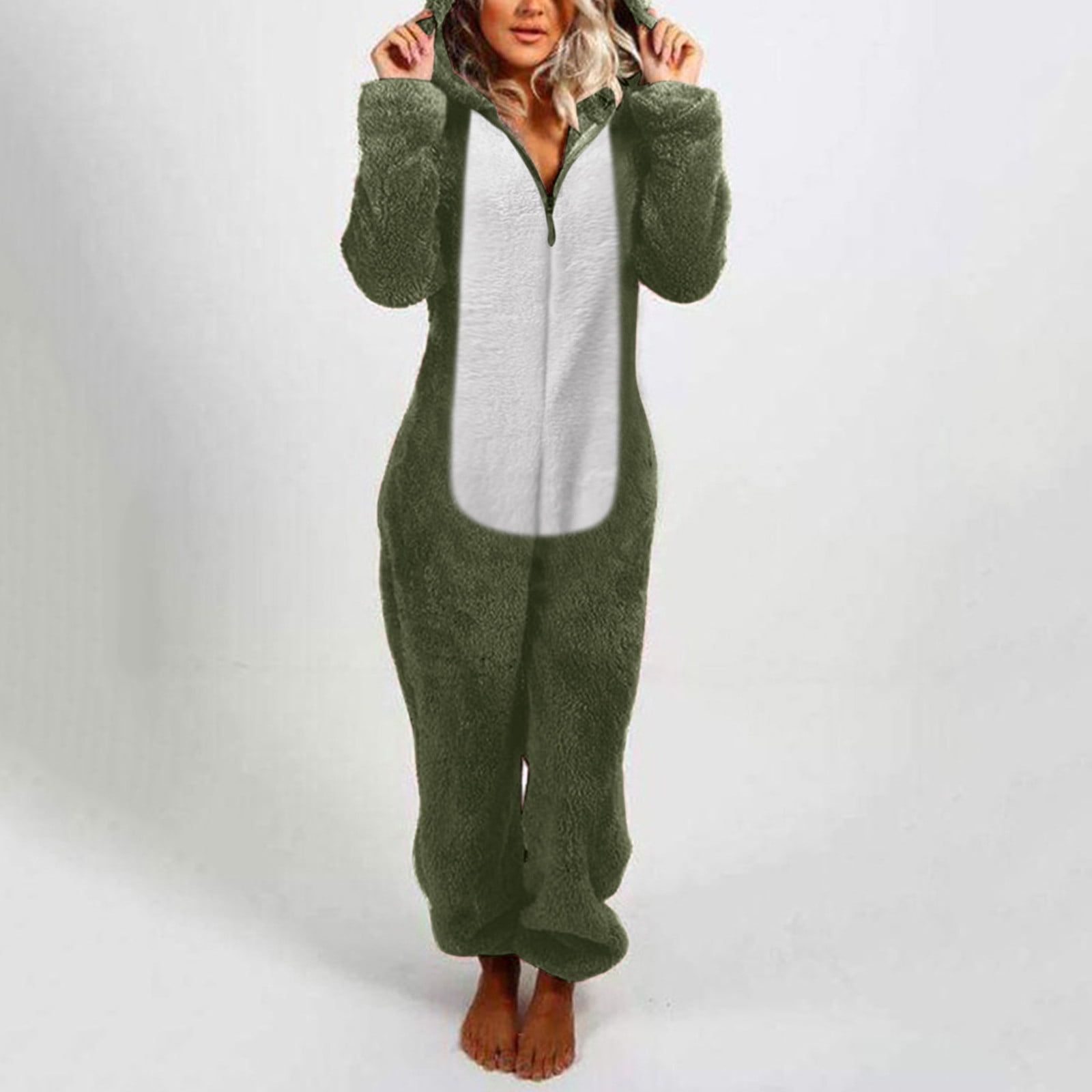 BiZtdJrK Jumpsuits for Women Dressy Casual Hooded Pajamas Trendy Color Block One Piece Sleepwear Winter Comfy Warm Jumpsuit Loungewear, Army Green, XXXXL