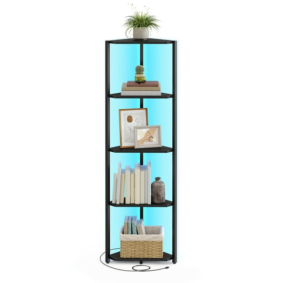 SONGMICS HOME Étagère d'Angle à 5 Niveaux, Bibliothèque avec Lumières DEL Réglables, Étagère de Rangement avec Cadre en Acier, 9,8 x 18,9 x 57,7 Pouces, pour Salon, Chambre, Bureau, Noir Ébène