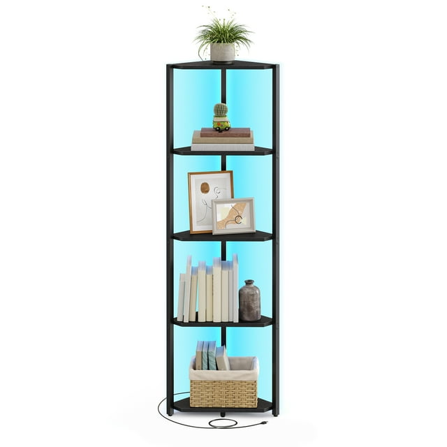 SONGMICS HOME 5-Tier Corner Shelf, Bookcase with Adjustable LED Lights, Storage Shelf with Steel Frame, 9.8 x 18.9 x 57.7 Inches, for Living Room, Bedroom, Study, Ebony Black
