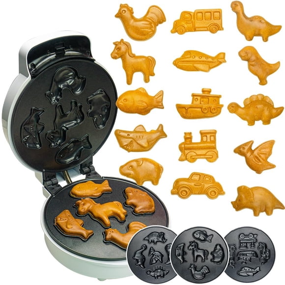 Waffle Maker for Kids with 15 Mini Shapes - Car, Truck, Farm Animals, Dinosaurs - Removable Plates for Easy Clean Up