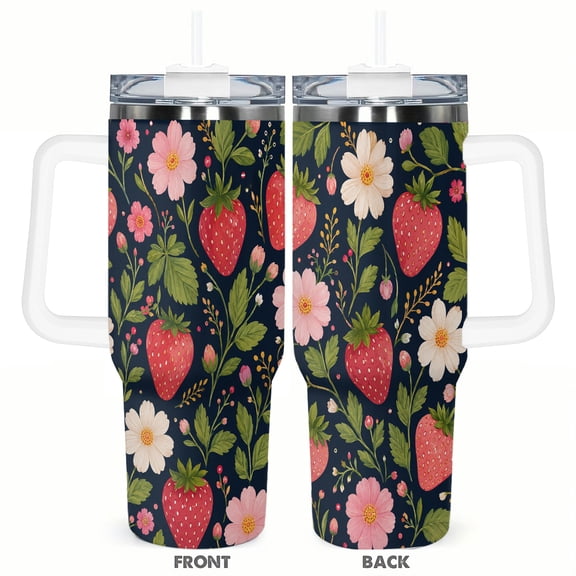 40oz Strawberry Floral Tumbler with Handle and Straw Insulated Insulated Car Cup Gift for Women