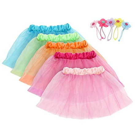 Girls Princess Tutu Skirts Set fedio 5 Pack kids Ballet Tutu Costume Dress with 5Pcs Flower Hair Ties(Ages 3-8)