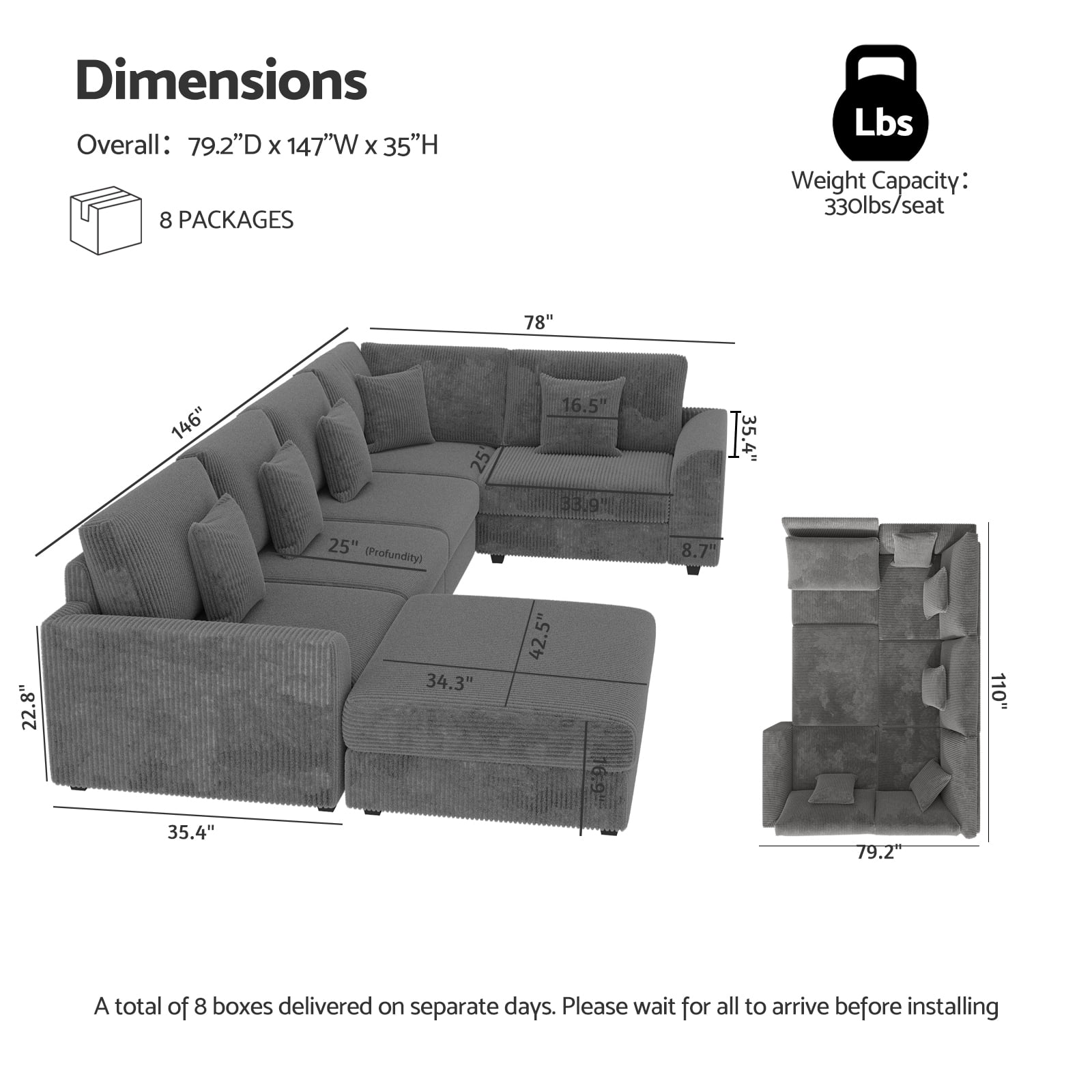 Advwin Oversized Modular Sectional Sofa with Storage Ottoman & 5 Pillows, Modern L-Shaped 6-Seater Corduroy Cloud Couch, Convertible Sleeper Sofa for Living Room, Dark Gray
