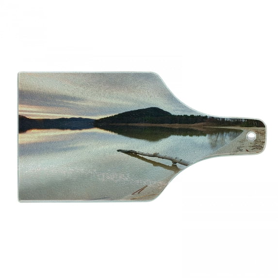 Driftwood Cutting Board, Landscape of Lake Shoreline the Dead Tree Trunk in the Water Digital Print, Decorative Tempered Glass Cutting and Serving Board, Wine Bottle Shape, Sand Brown, by Ambesonne