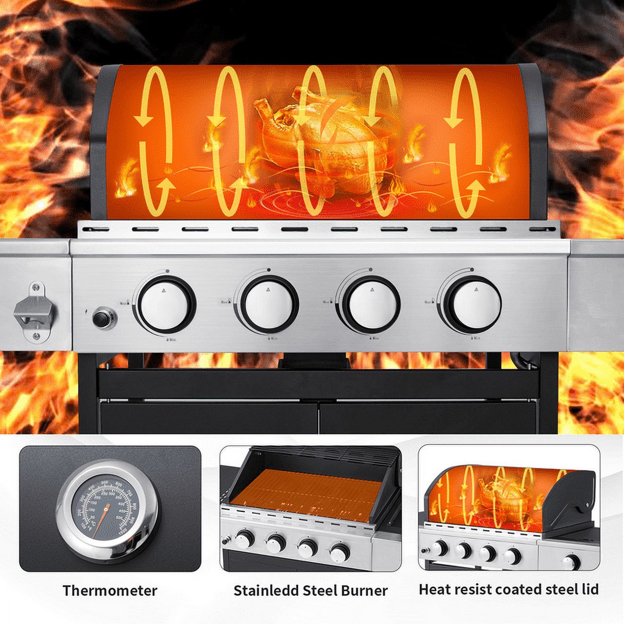 Hommow 4 Burner BBQ Propane Gas Grill,36000 BTU Stainless Steel with Stove and Side Table