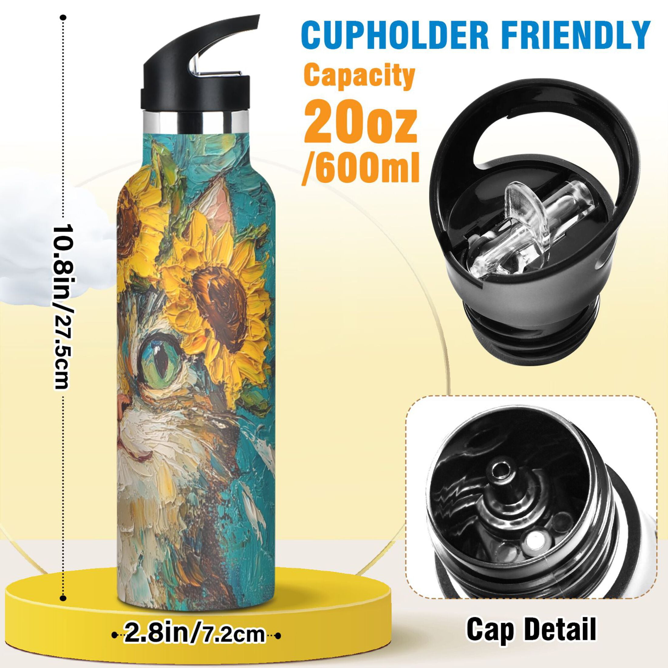 600ML Stainless Steel Insulated Cup Sports Water Bottle Portable Thermos Cup Water Glasses Insulated Tumblers Convenient and Durable Sunflower Cat