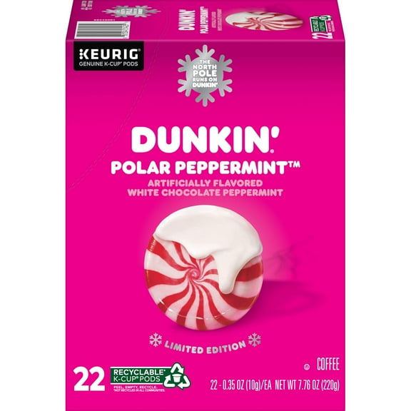 Dunkin Donuts Limited Edition Holiday Coffee K Cups - Polar Peppermint -1 Box of 22 Seasonal Kcup Pods For Keurig Coffee Makers
