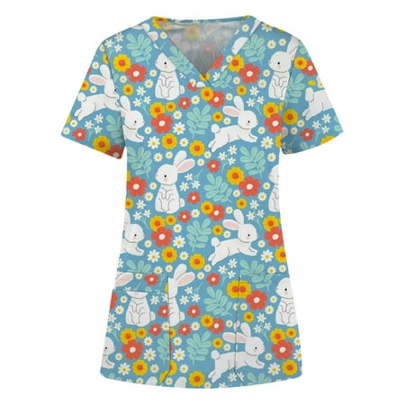 

Ecqkame Easter Scrubs Tops for Women Easter Eggs Bunny Rabbit Printed Working Uniform Blouse T-shirt Casual Short Sleeve V-neck Blouse Tops With Pocket Green XXL on Clearance